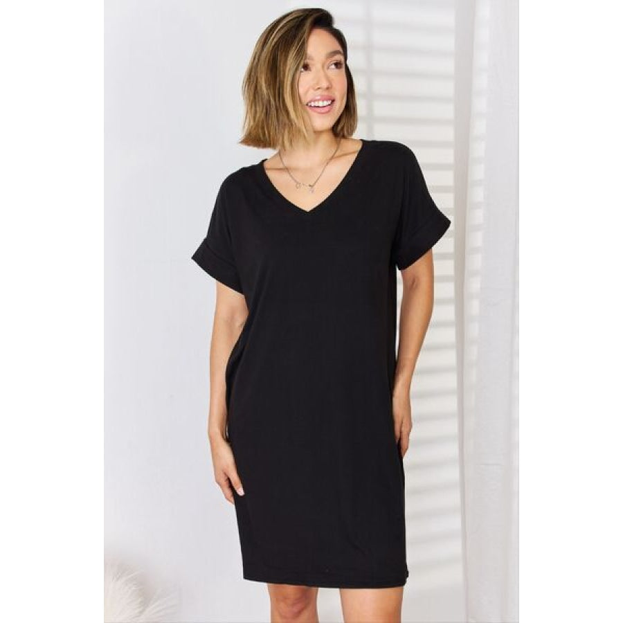 Zenana Full Size Rolled Short Sleeve V-Neck Dress Black / S Apparel and Accessories