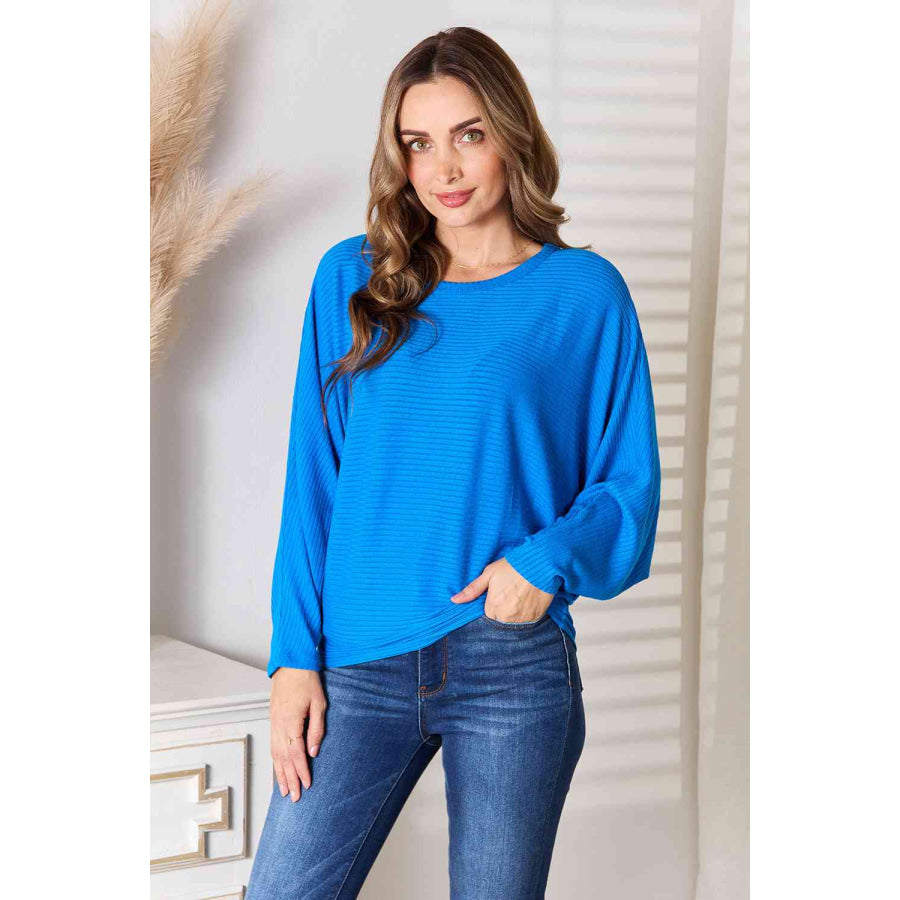 Zenana Full Size Round Neck Batwing Sleeve Blouse Cobalt Blue / S