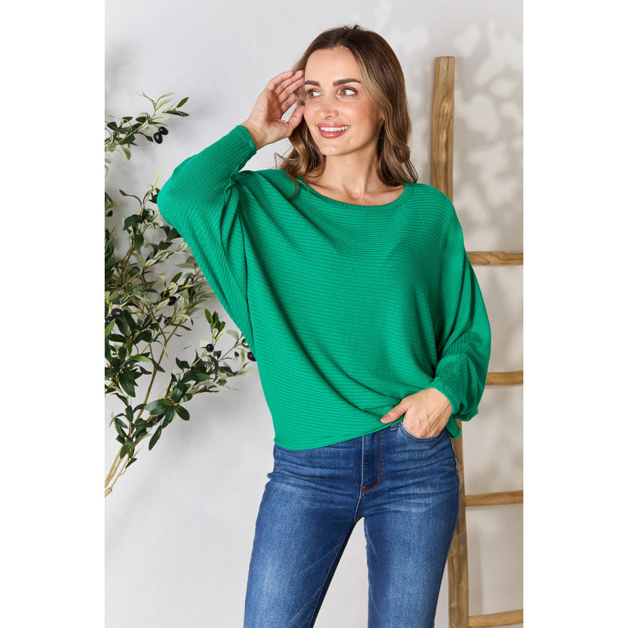 Zenana Full Size Round Neck Batwing Sleeve Blouse Green / S