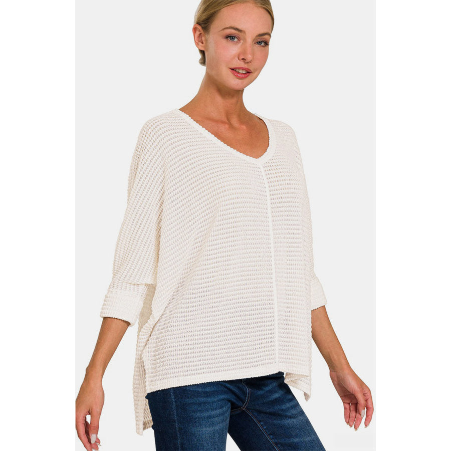 Zenana Full Size Round Neck High-Low Slit Knit Top Off White / S/M Apparel and Accessories