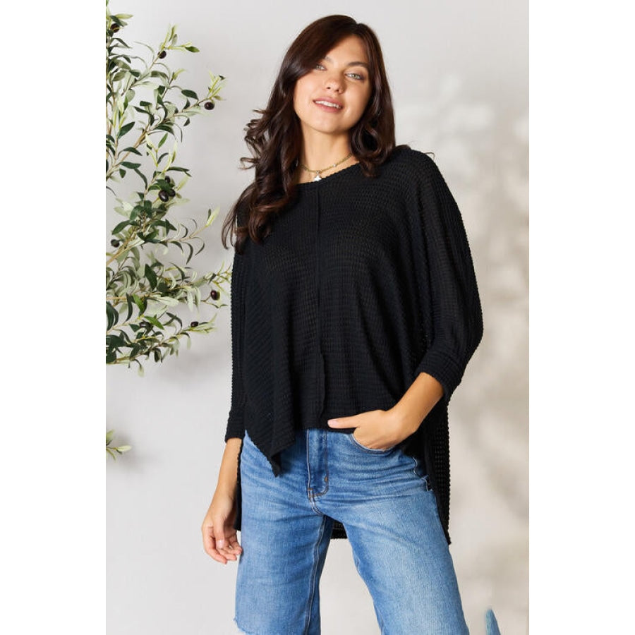Zenana Full Size Round Neck High-Low Slit Knit Top Black / S/M Clothing