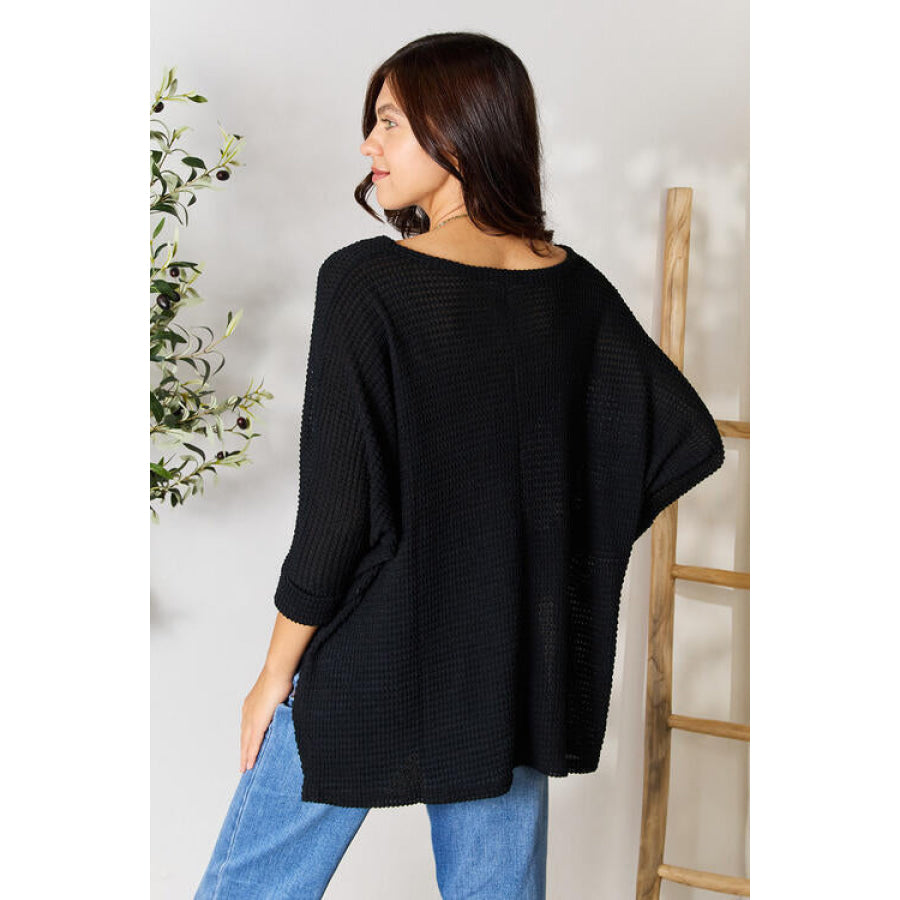 Zenana Full Size Round Neck High-Low Slit Knit Top Black / S/M Clothing