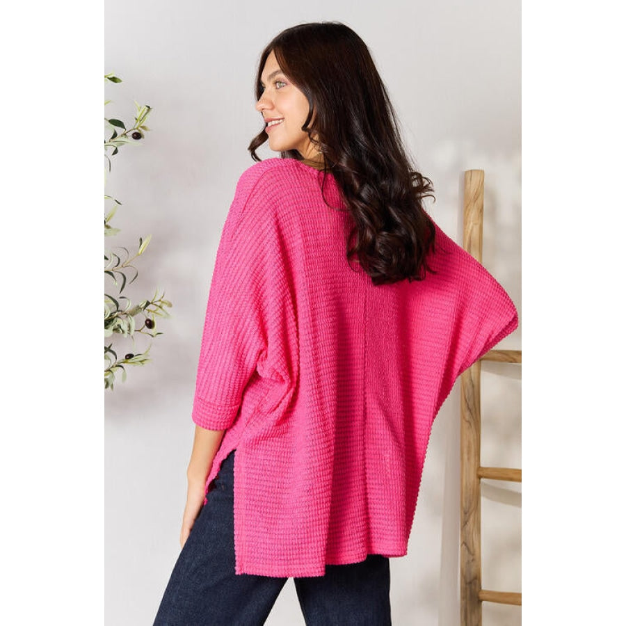 Zenana Full Size Round Neck High-Low Slit Knit Top Fuchsia / S/M Clothing