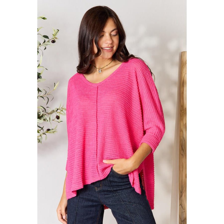 Zenana Full Size Round Neck High-Low Slit Knit Top Clothing