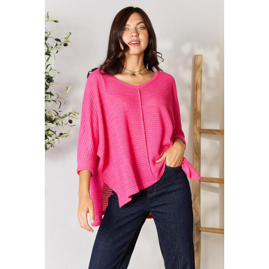 Zenana Full Size Round Neck High-Low Slit Knit Top Fuchsia / S/M Clothing