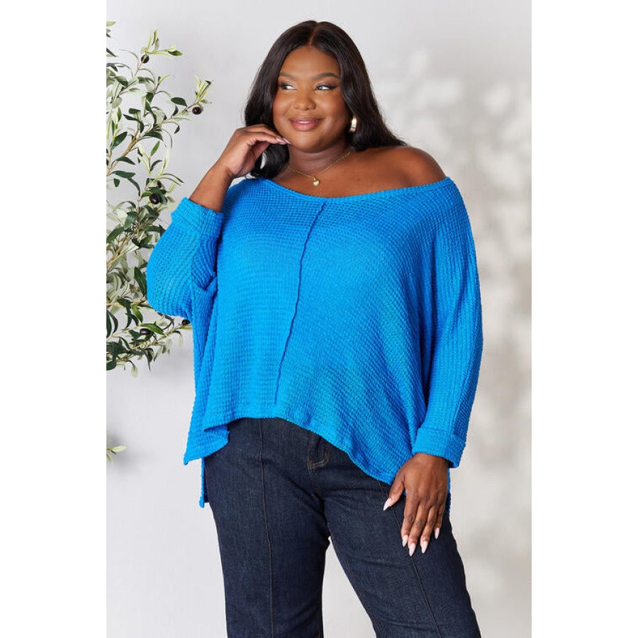 Zenana Full Size Round Neck High-Low Slit Knit Top Ocean Blue / S/M Clothing