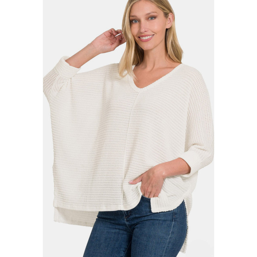 Zenana Full Size Round Neck High-Low Slit Knit Top Off White / S/M Apparel and Accessories