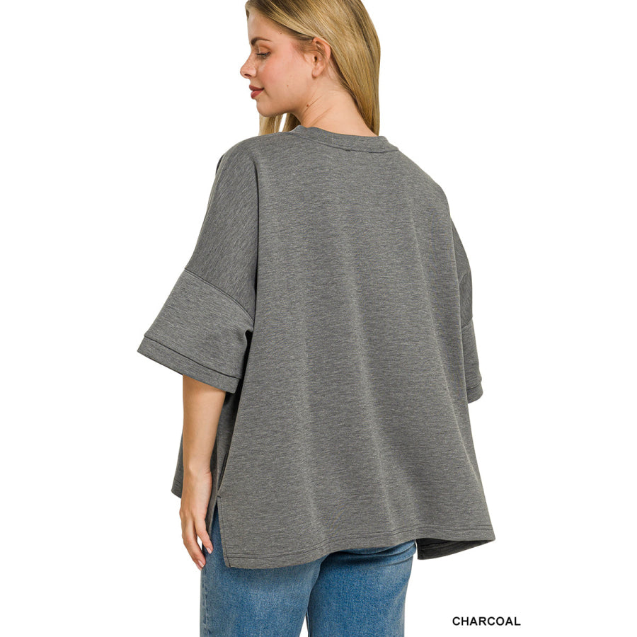 Zenana Full Size Scuba Round Neck Top With Side Slits Plus Size Apparel and Accessories