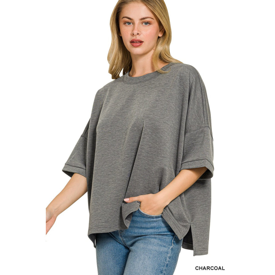 Zenana Full Size Scuba Round Neck Top With Side Slits Plus Size Apparel and Accessories