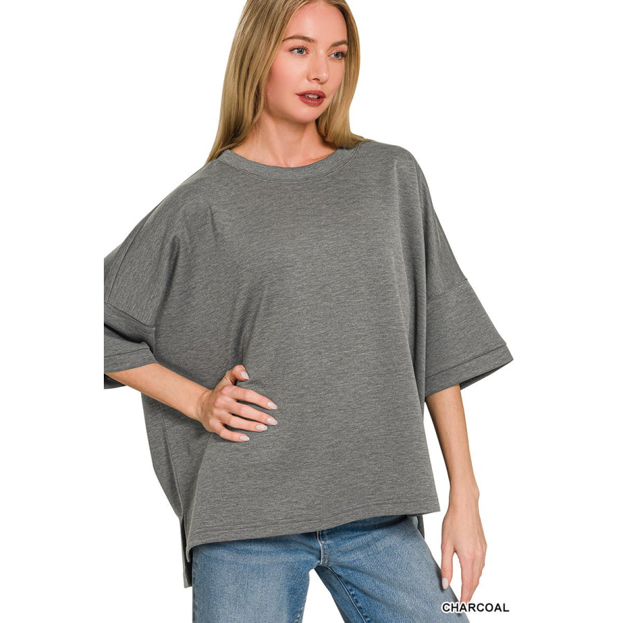Zenana Full Size Scuba Round Neck Top With Side Slits Plus Size Apparel and Accessories