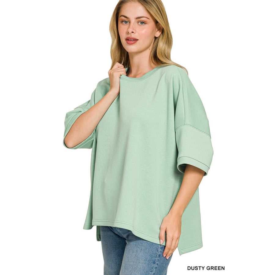 Zenana Full Size Scuba Round Neck Top With Side Slits Plus Size Apparel and Accessories