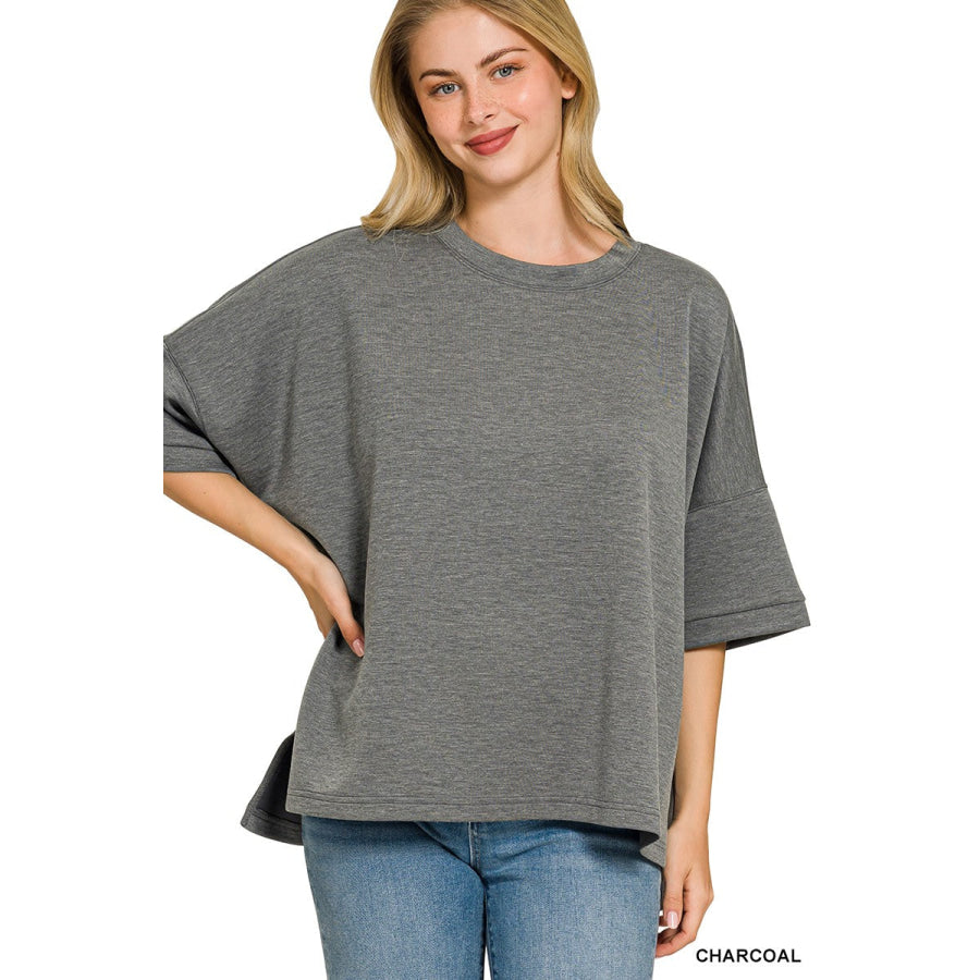 Zenana Full Size Scuba Round Neck Top With Side Slits Plus Size CHARCOAL / S/M Apparel and Accessories