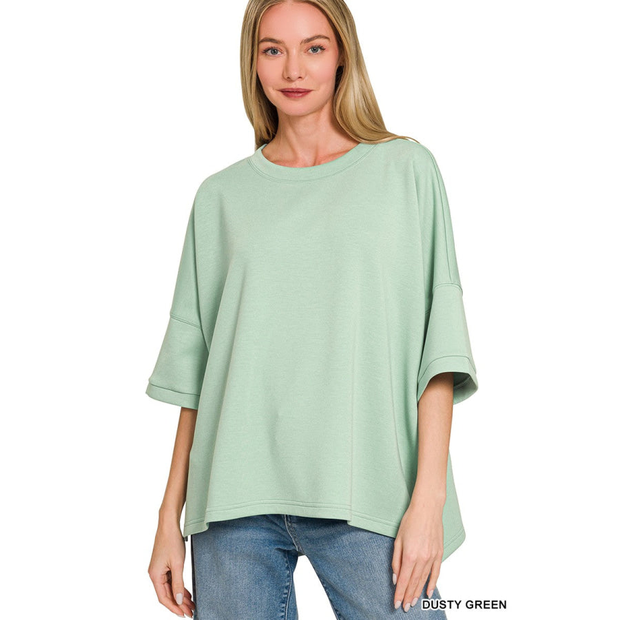 Zenana Full Size Scuba Round Neck Top With Side Slits Plus Size DUSTY GREEN / S/M Apparel and Accessories