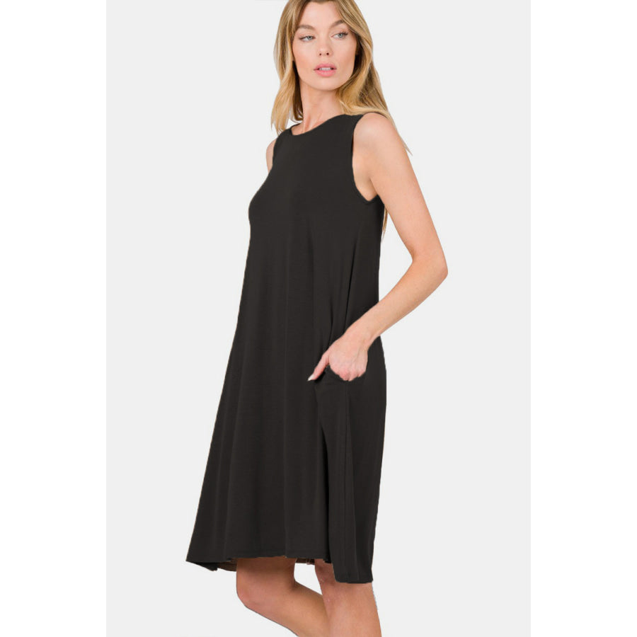 Zenana Full Size Sleeveless Flared Dress with Side Pockets Apparel and Accessories