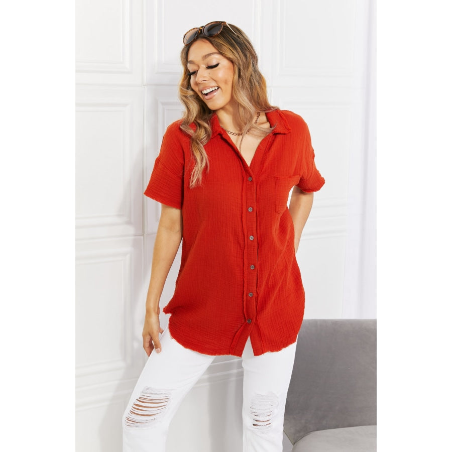 Zenana Full Size Summer Breeze Gauze Short Sleeve Shirt in Copper Red Orange / S