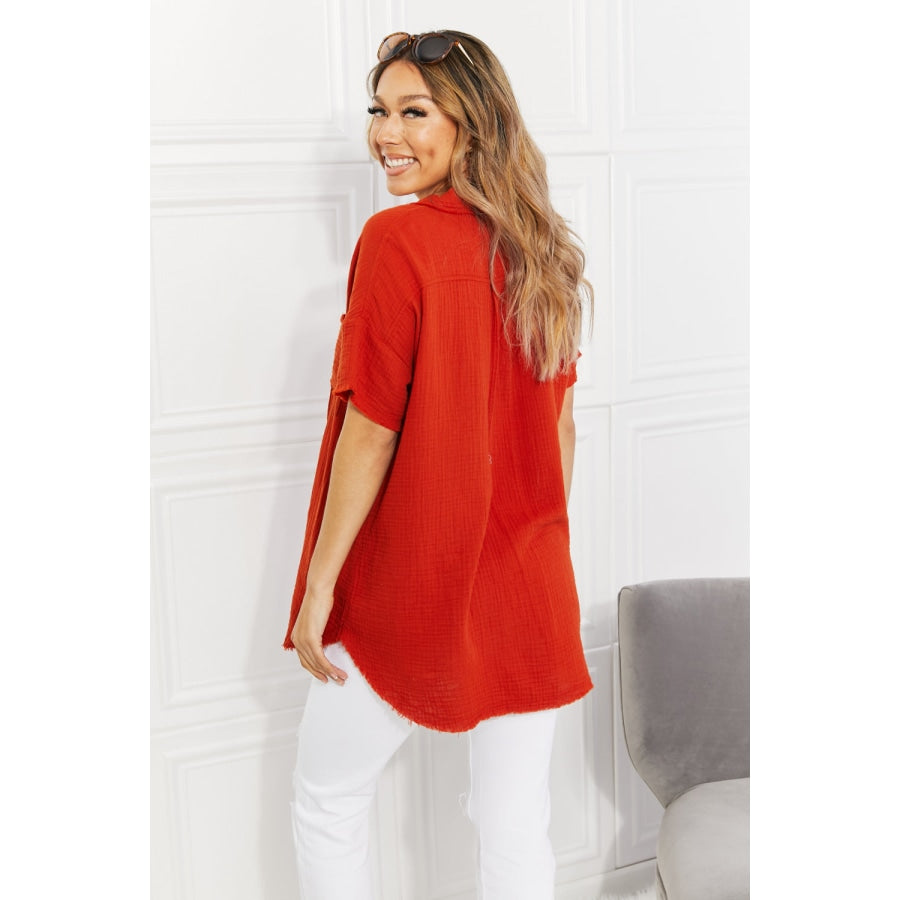 Zenana Full Size Summer Breeze Gauze Short Sleeve Shirt in Copper Red Orange / S