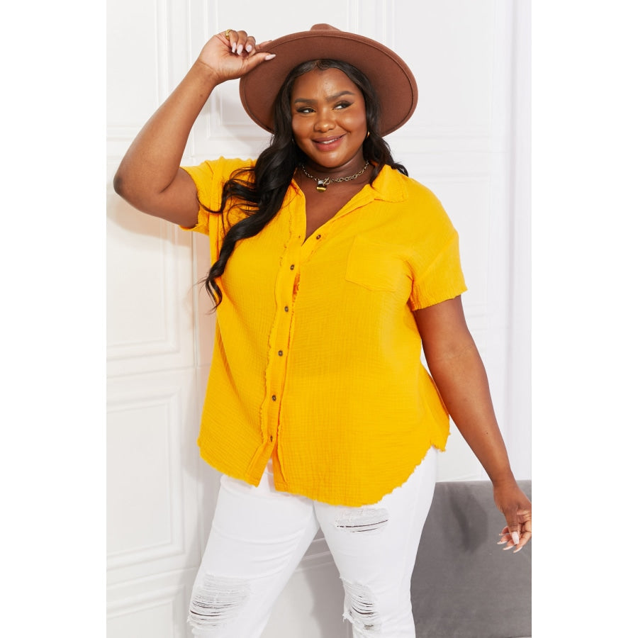 Zenana Full Size Summer Breeze Gauze Short Sleeve Shirt in Mustard Mustard / S