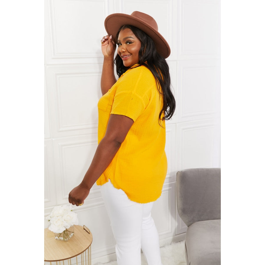 Zenana Full Size Summer Breeze Gauze Short Sleeve Shirt in Mustard Mustard / S