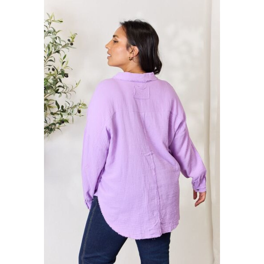 Zenana Full Size Texture Button Up Raw Hem Long Sleeve Shirt B Lavender / S Apparel and Accessories