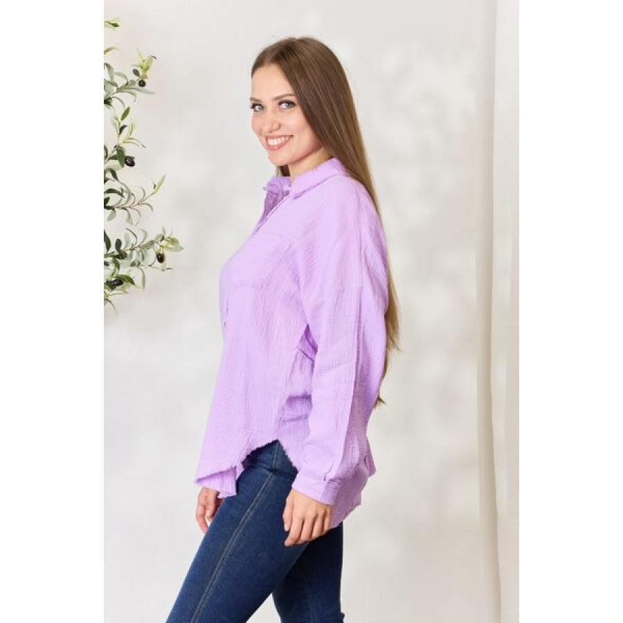 Zenana Full Size Texture Button Up Raw Hem Long Sleeve Shirt Apparel and Accessories