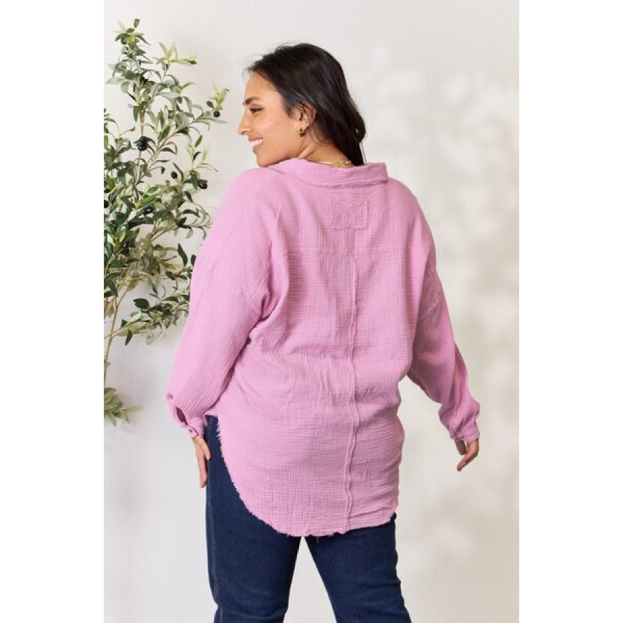 Zenana Full Size Texture Button Up Raw Hem Long Sleeve Shirt Mauve / S Apparel and Accessories