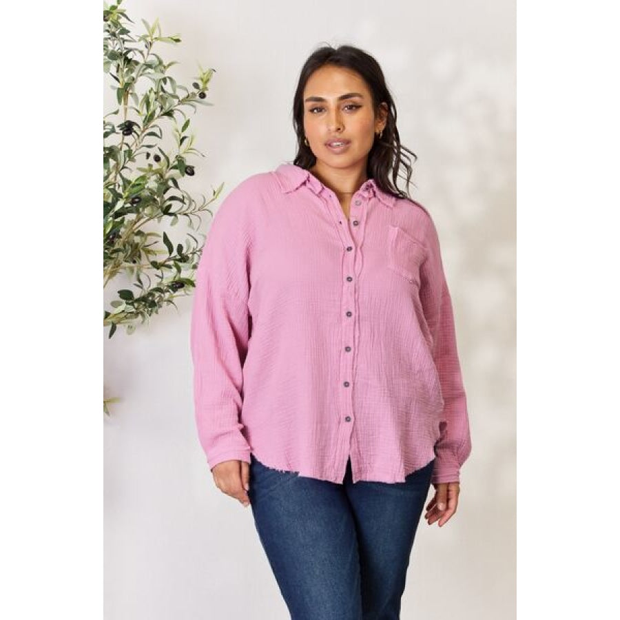 Zenana Full Size Texture Button Up Raw Hem Long Sleeve Shirt Mauve / S Apparel and Accessories