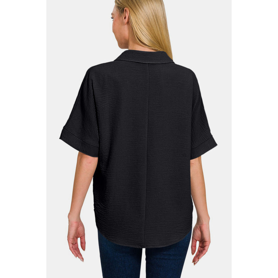 Zenana Full Size Texture Collared Neck Short Sleeve Top Apparel and Accessories