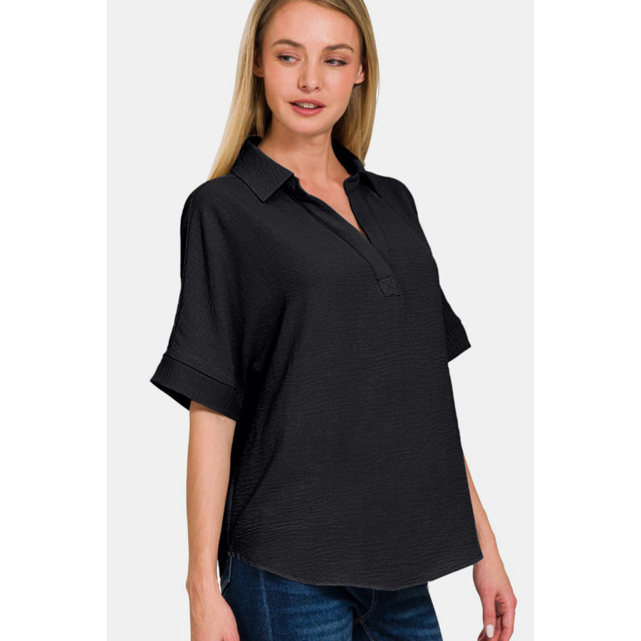 Zenana Full Size Texture Collared Neck Short Sleeve Top Apparel and Accessories