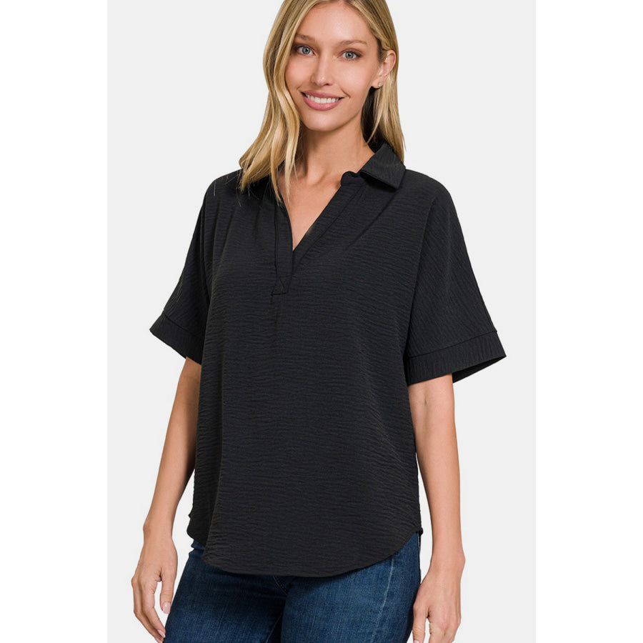 Zenana Full Size Texture Collared Neck Short Sleeve Top Black / S Apparel and Accessories