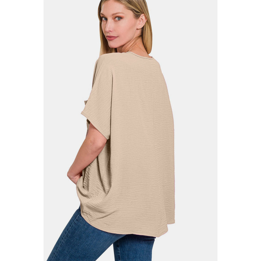 Zenana Full Size Texture V - Neck Short Sleeve Top LT MOCHA / S Apparel and Accessories