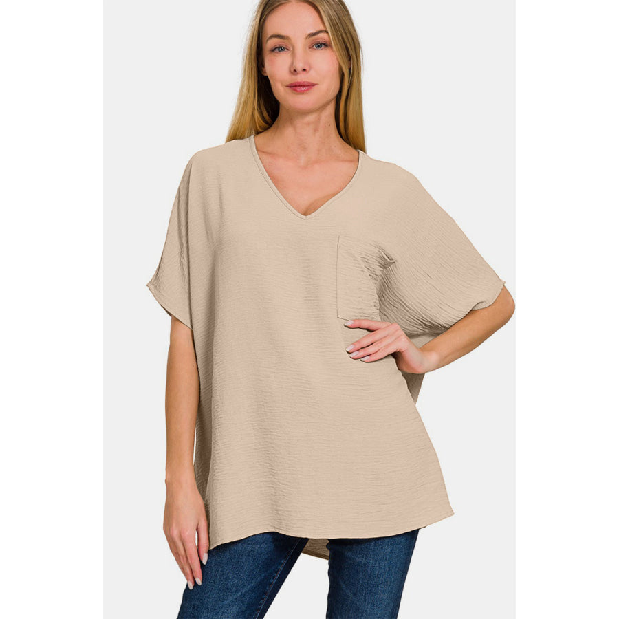 Zenana Full Size Texture V - Neck Short Sleeve Top Apparel and Accessories