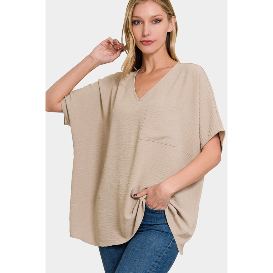 Zenana Full Size Texture V - Neck Short Sleeve Top LT MOCHA / S Apparel and Accessories