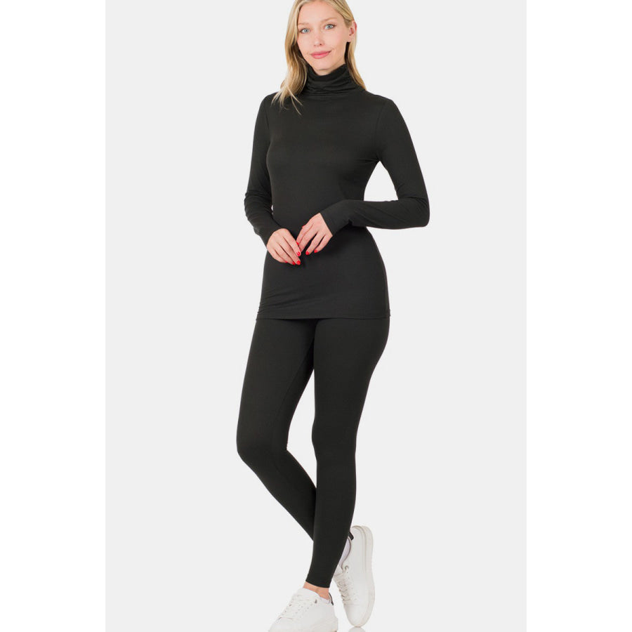 Zenana Full Size Turtleneck Top and Leggings Lounge Set Black / S Apparel and Accessories