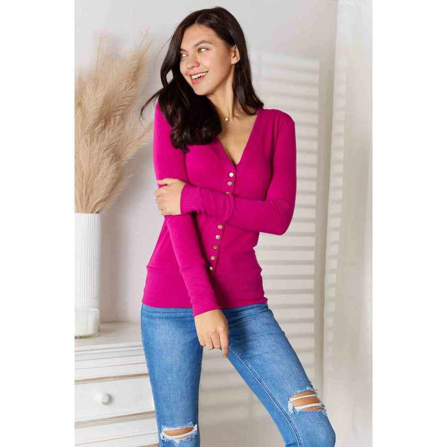 Zenana Full Size V-Neck Long Sleeve Cardigan Apparel and Accessories