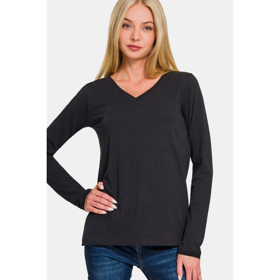 Zenana Full Size V-Neck Long Sleeve T-Shirt Black / S Apparel and Accessories