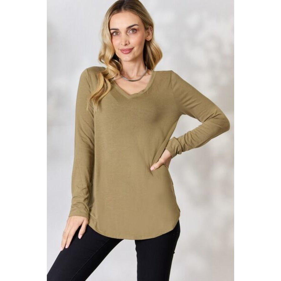 Zenana Full Size V-Neck Long Sleeve T-Shirt Khaki / S Clothing