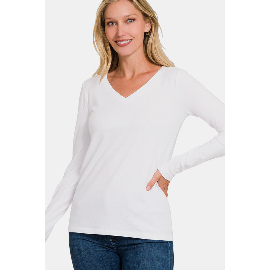 Zenana Full Size V-Neck Long Sleeve T-Shirt White / S Apparel and Accessories