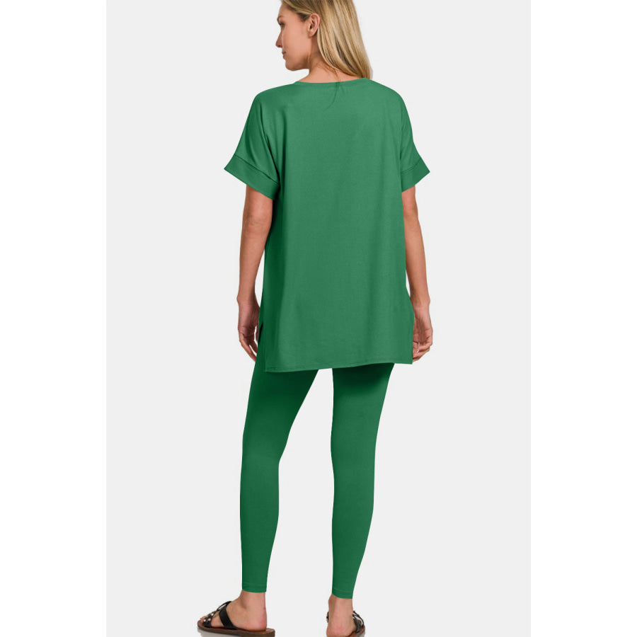 Zenana Full Size V-Neck Rolled Short Sleeve T-Shirt and Leggings Lounge Set Forest / S Apparel and Accessories
