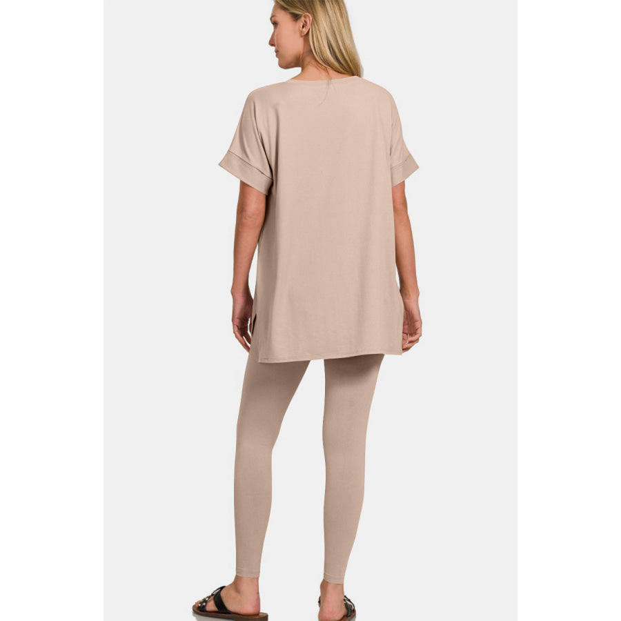 Zenana Full Size V-Neck Rolled Short Sleeve T-Shirt and Leggings Lounge Set Lt Mocha / S Apparel and Accessories