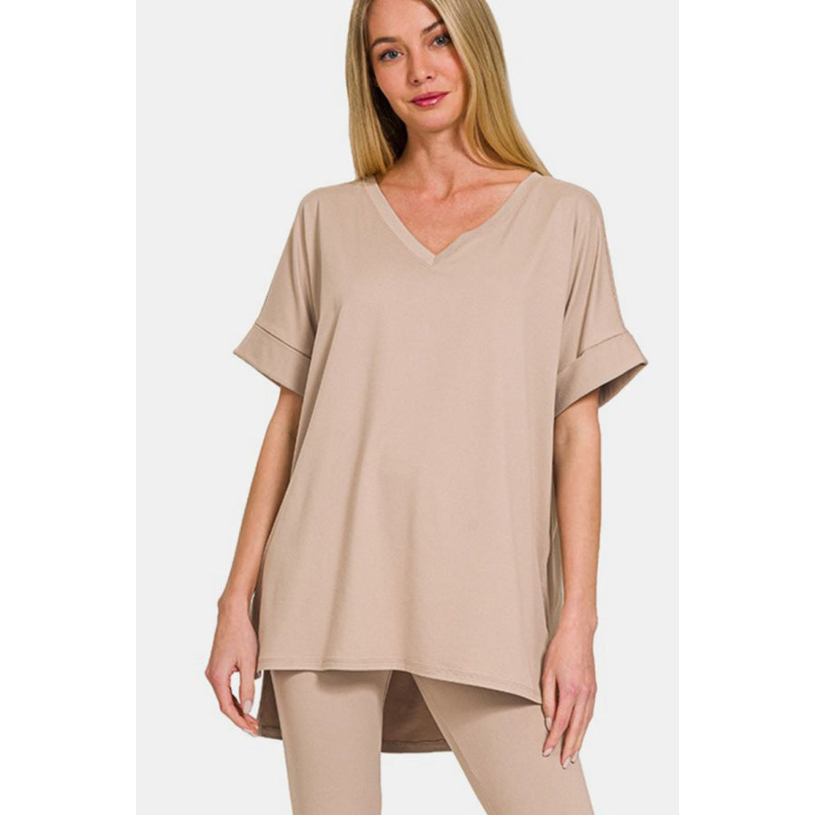 Zenana Full Size V-Neck Rolled Short Sleeve T-Shirt and Leggings Lounge Set Apparel and Accessories