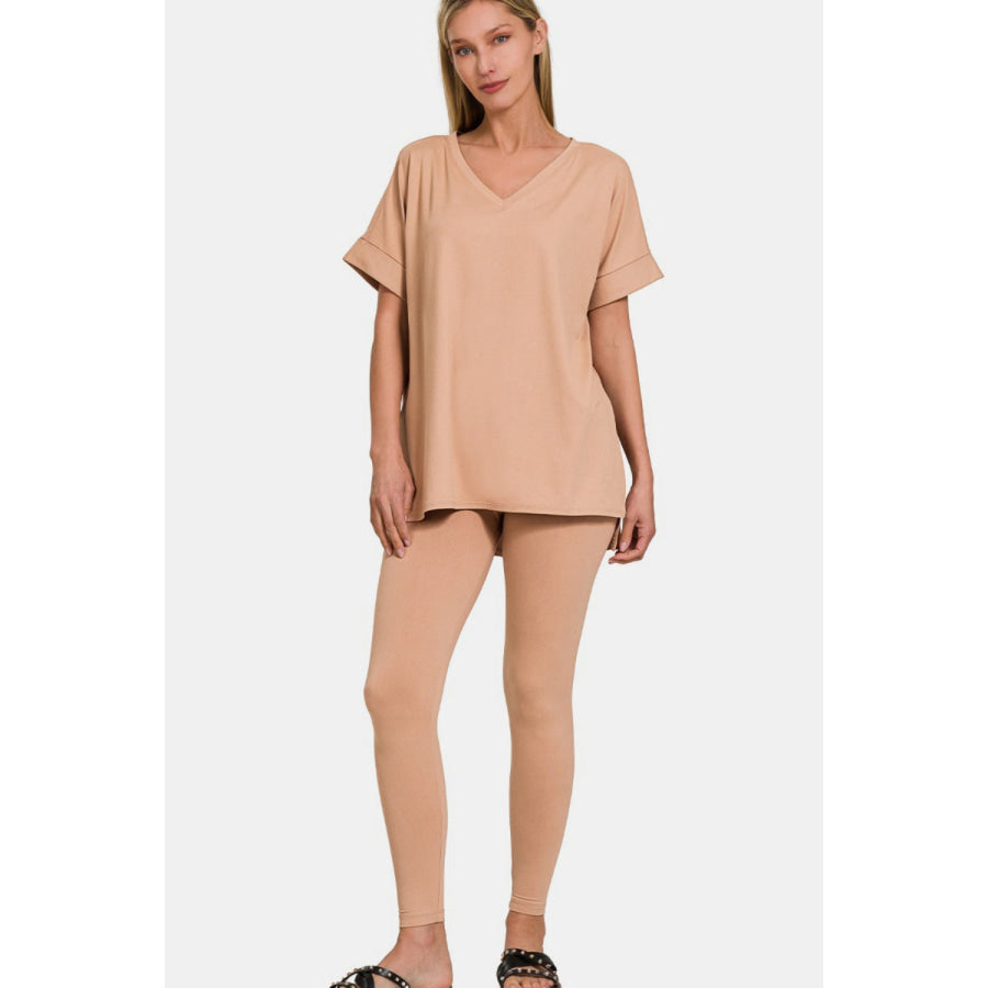 Zenana Full Size V-Neck Rolled Short Sleeve T-Shirt and Leggings Lounge Set Brush / S Apparel and Accessories