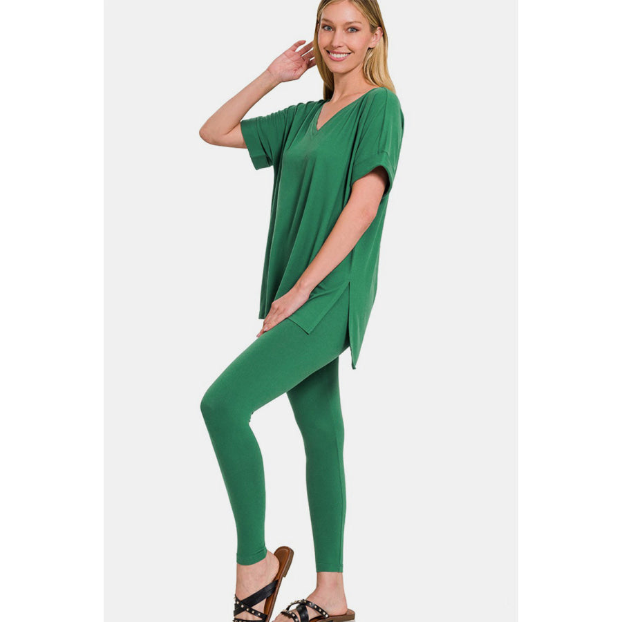 Zenana Full Size V-Neck Rolled Short Sleeve T-Shirt and Leggings Lounge Set Forest / S Apparel and Accessories