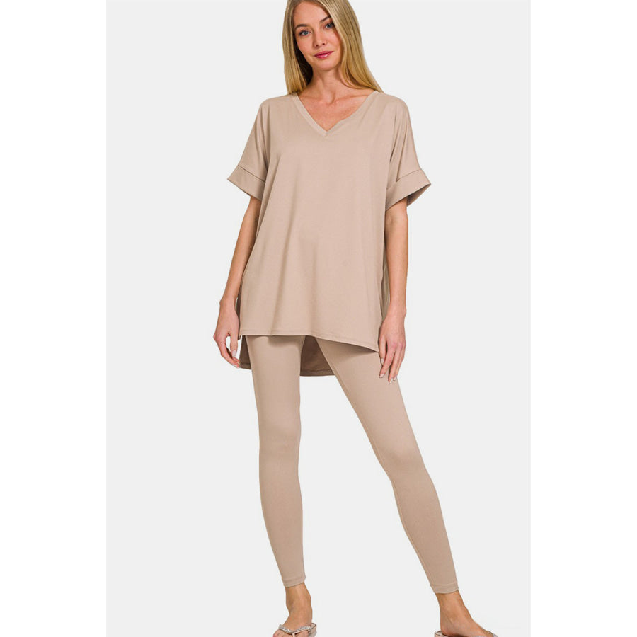 Zenana Full Size V-Neck Rolled Short Sleeve T-Shirt and Leggings Lounge Set Lt Mocha / S Apparel and Accessories