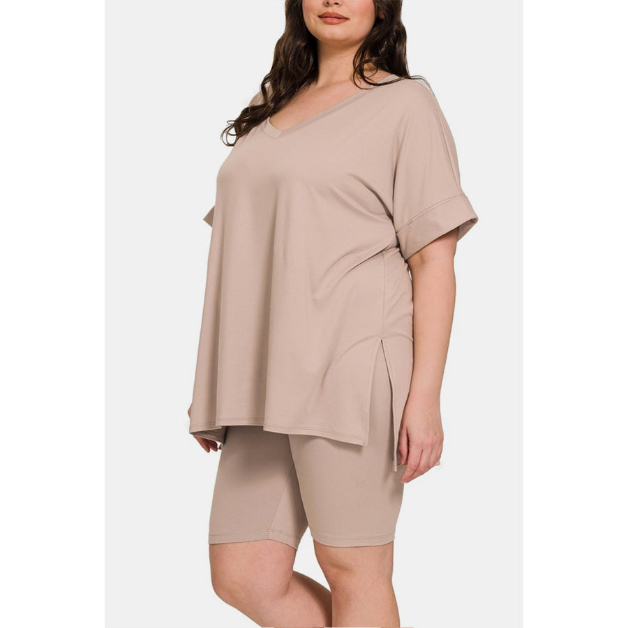 Zenana Full Size V-Neck Short Sleeve Slit T-Shirt and Shorts Set Ash Mocha / S Apparel and Accessories