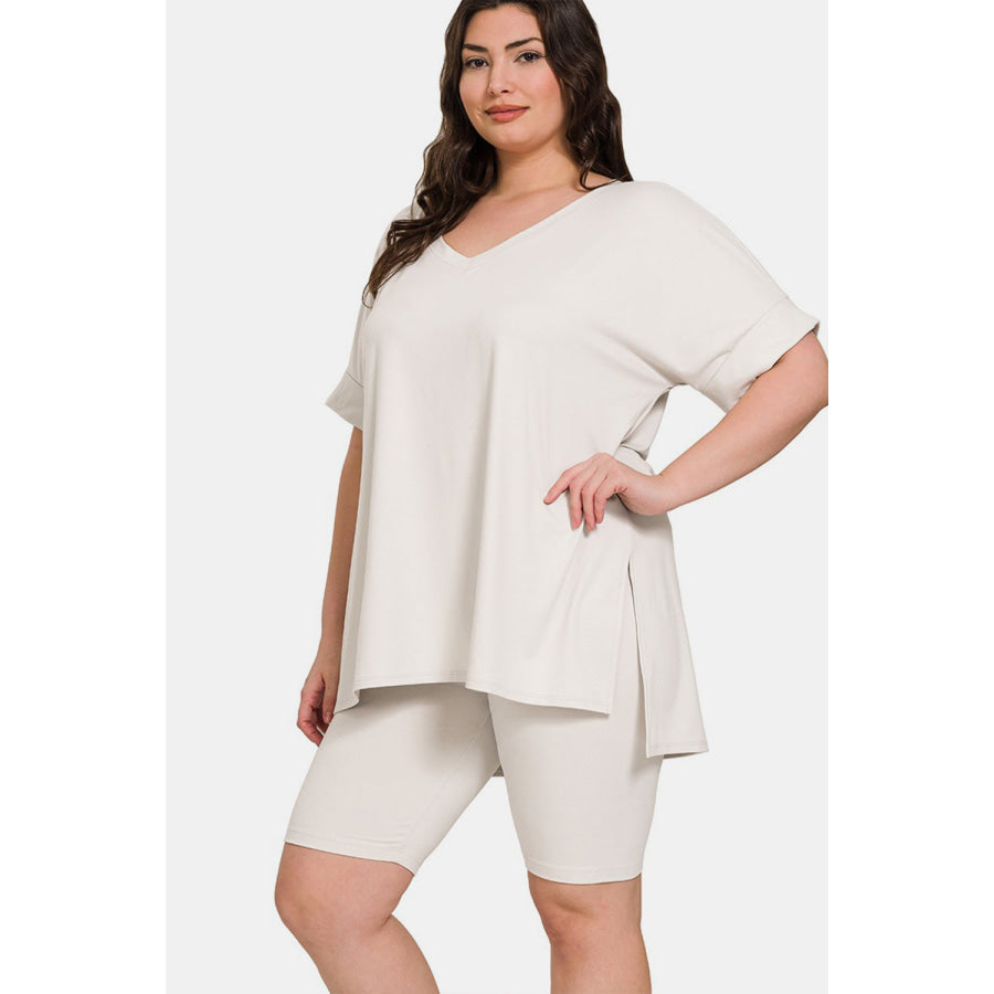 Zenana Full Size V-Neck Short Sleeve Slit T-Shirt and Shorts Set Bone / S Apparel and Accessories
