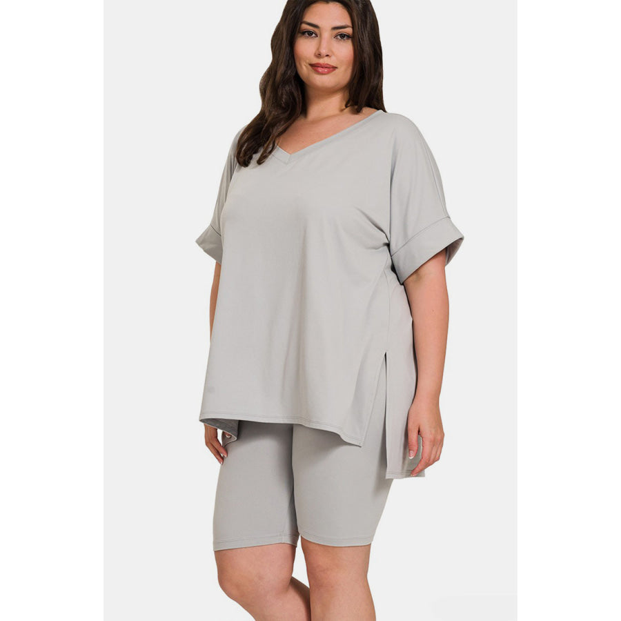 Zenana Full Size V-Neck Short Sleeve Slit T-Shirt and Shorts Set Apparel and Accessories