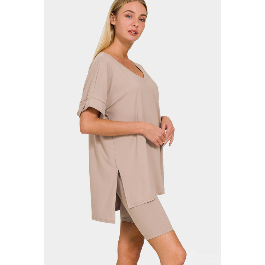 Zenana Full Size V-Neck Short Sleeve Slit T-Shirt and Shorts Set Ash Mocha / S Apparel and Accessories