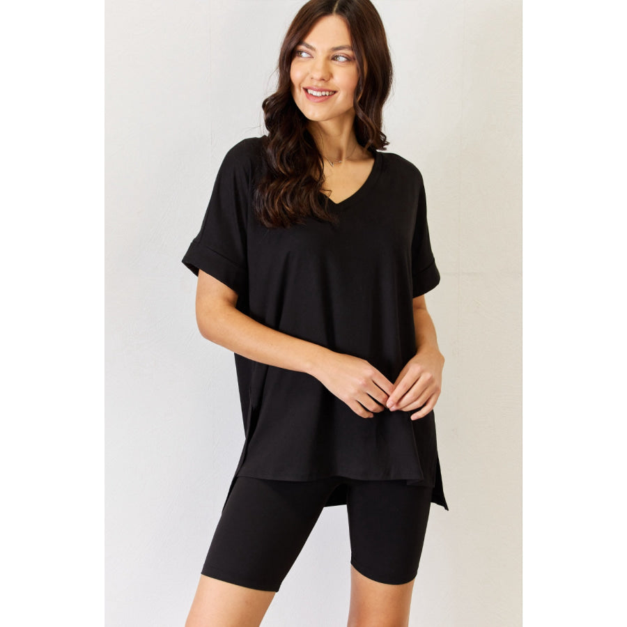 Zenana Full Size V-Neck Short Sleeve Slit T-Shirt and Shorts Set Black / S Apparel and Accessories