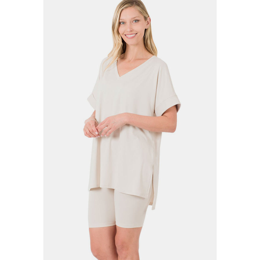 Zenana Full Size V-Neck Short Sleeve Slit T-Shirt and Shorts Set Bone / S Apparel and Accessories