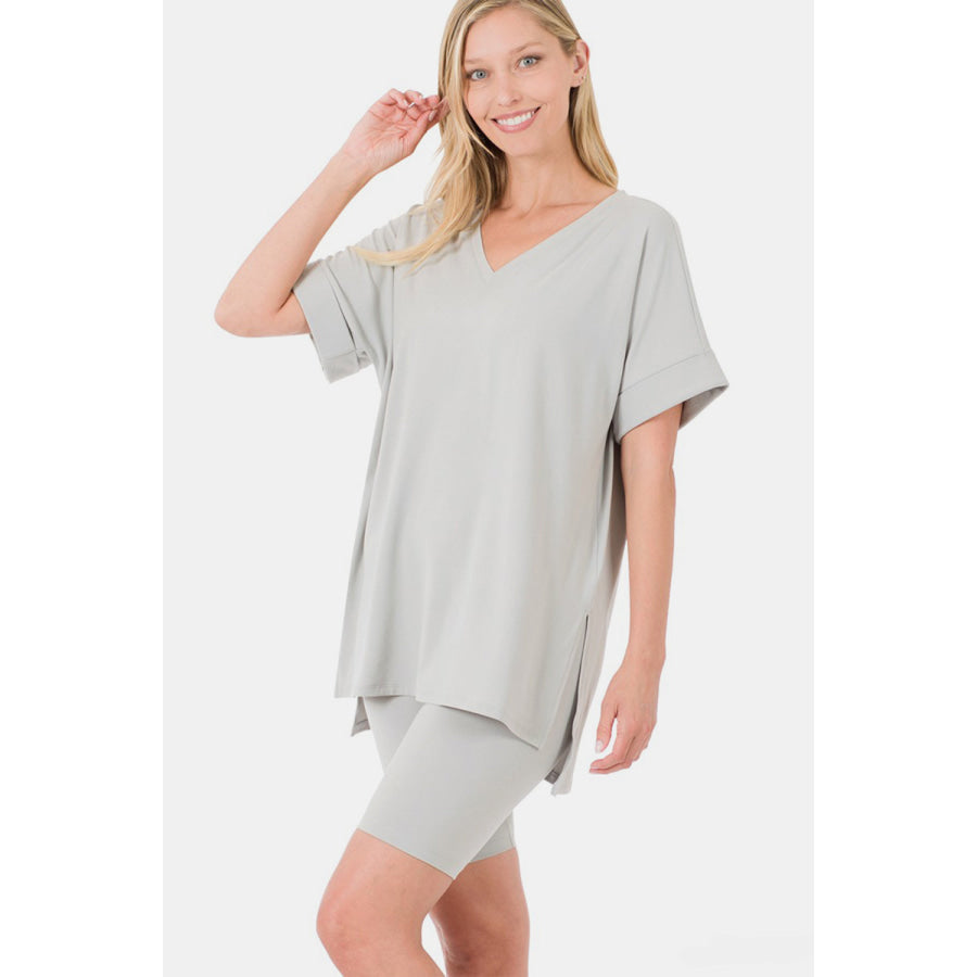 Zenana Full Size V-Neck Short Sleeve Slit T-Shirt and Shorts Set Lt Grey / S Apparel and Accessories